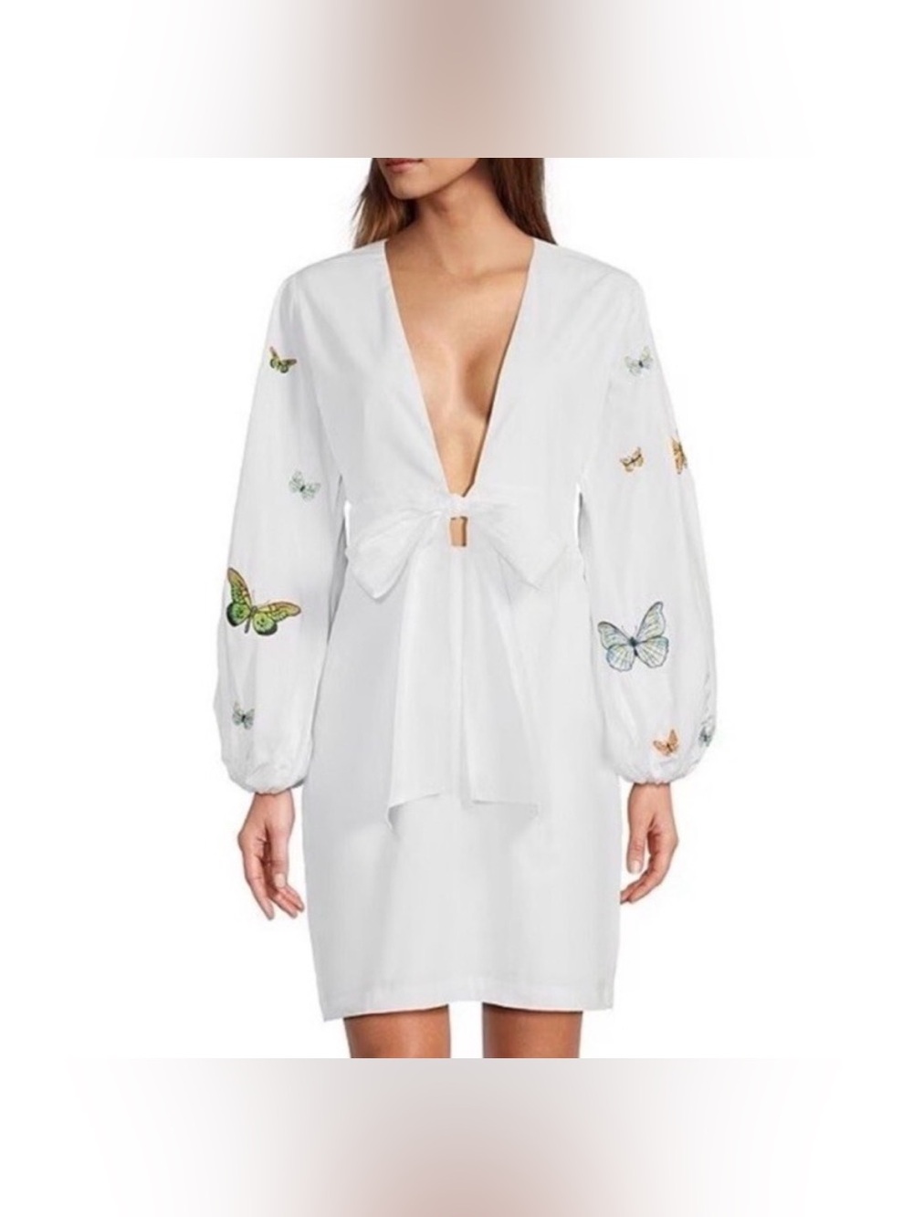 Fanm Mon Larson Mini Longsleeve White Dress with Butterfly Embroidery, size XS